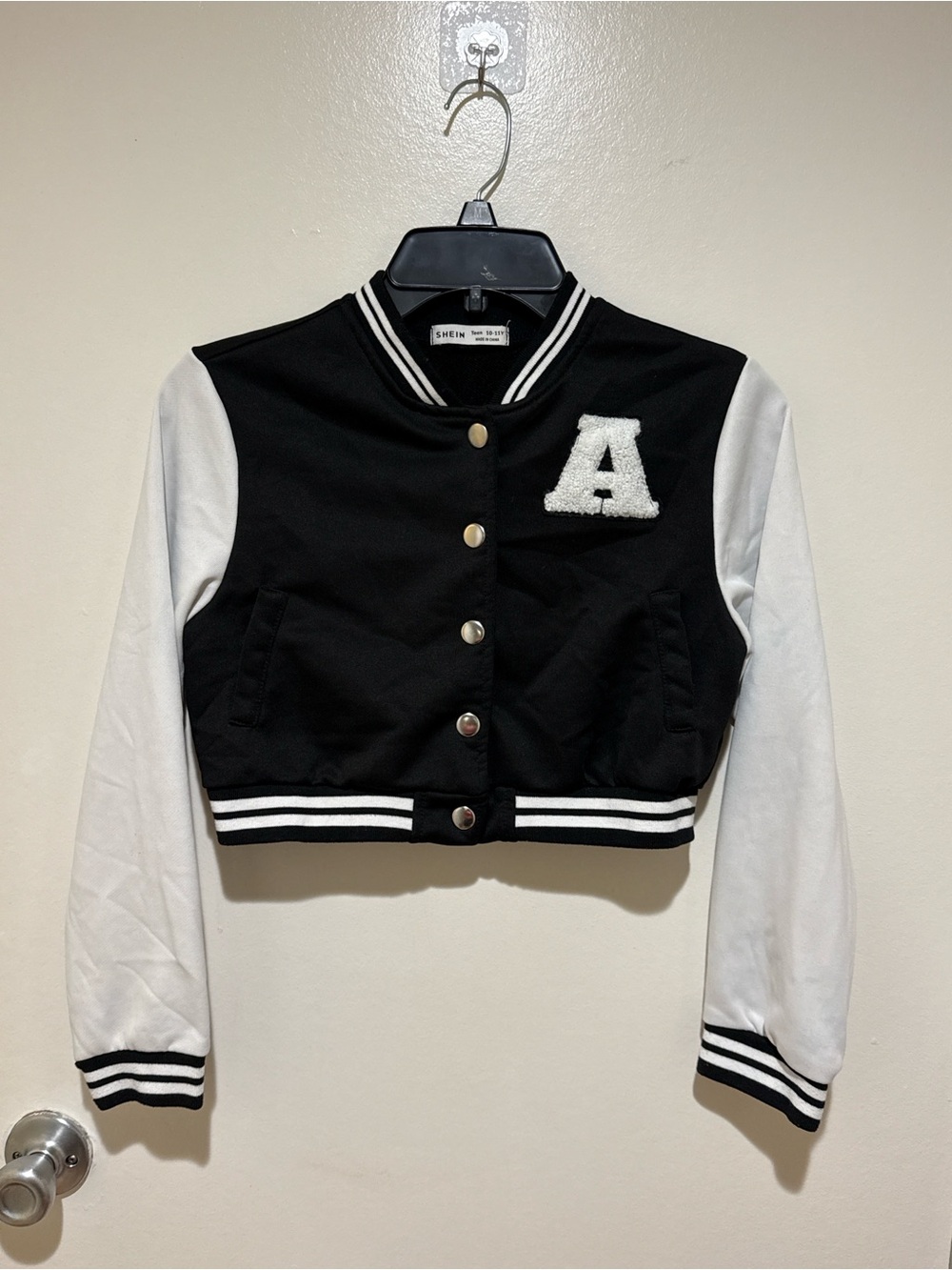 SHEIN Black & White Cropped Varsity Jacket with 'A' Patch